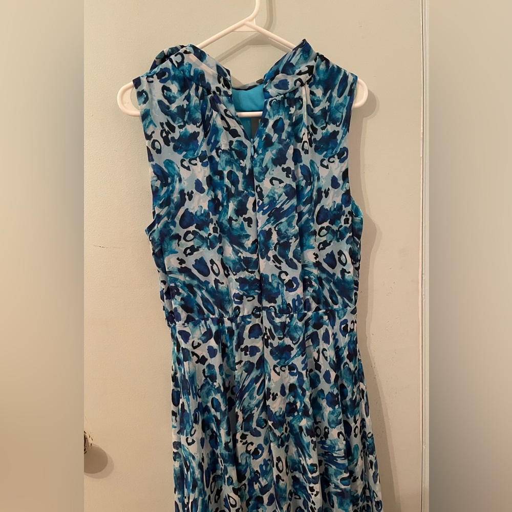 Joseph Ribkoff Dress Blue Geometric Sleeveless Size 12 Tie Collar - Picture 8 of 10